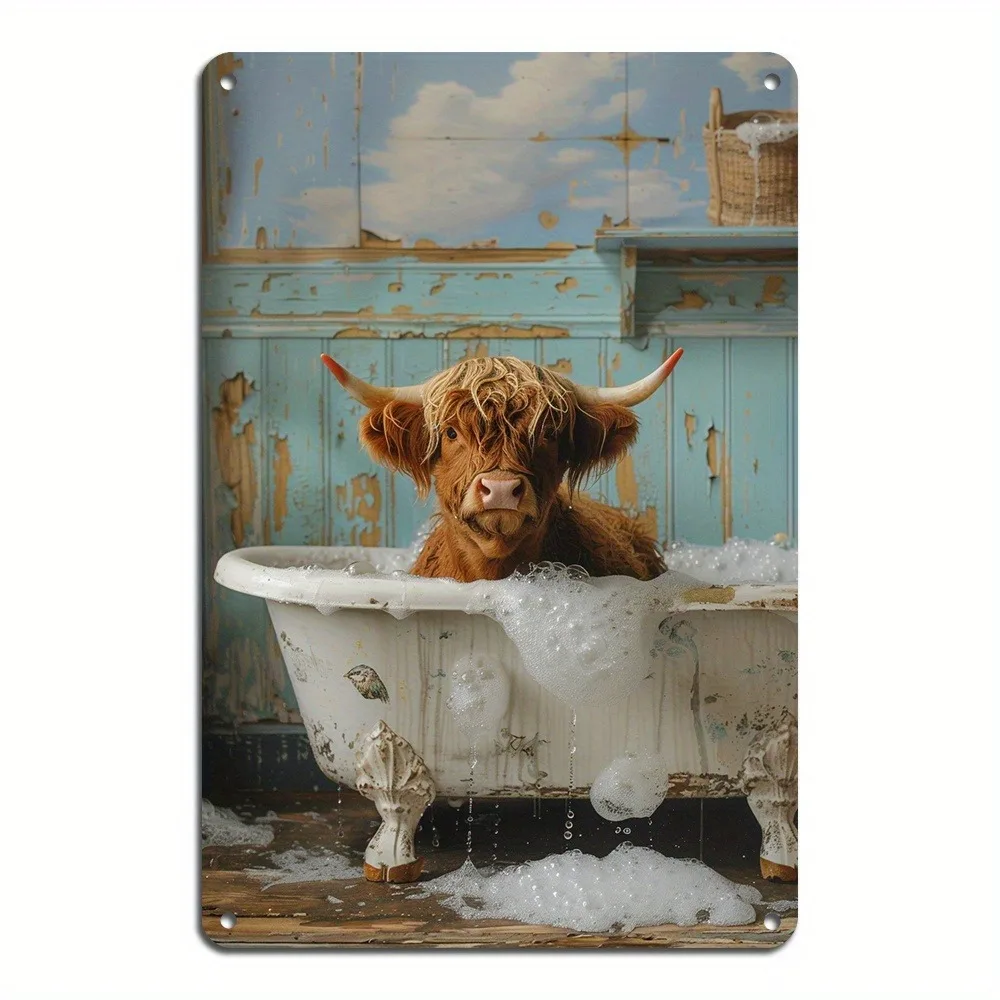 Vintage Cow in Bathtub Tin Sign | 8x12 Inch Fun Wall Decor for Home