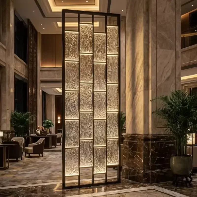 Modern Illuminated Glass Room Divider with Stainless Steel Frame Textured Wave Glass for Villa Restaurant Office