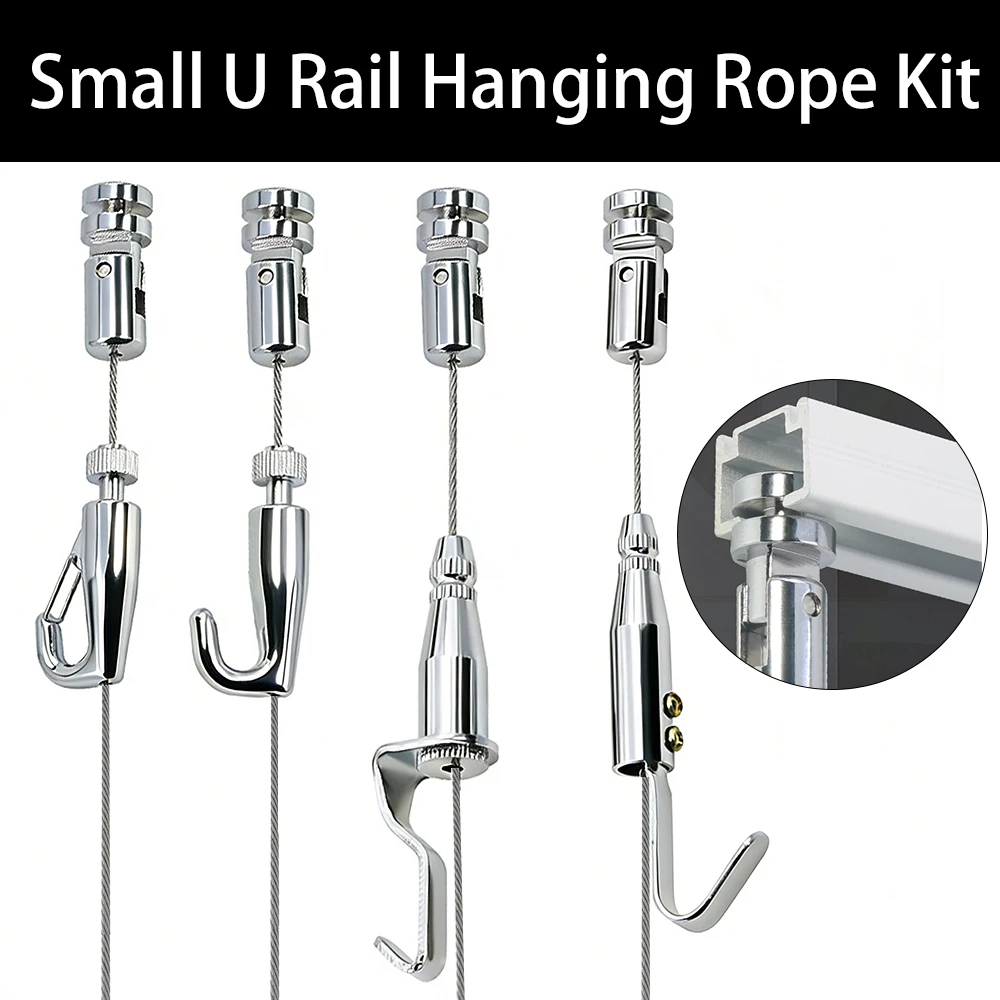 1-4PCS Small U-shaped Track 1.5mm Stainless Steel Wire Rope Kit with 180 ° Adjustable Hanging Hook for Picture Suspension System
