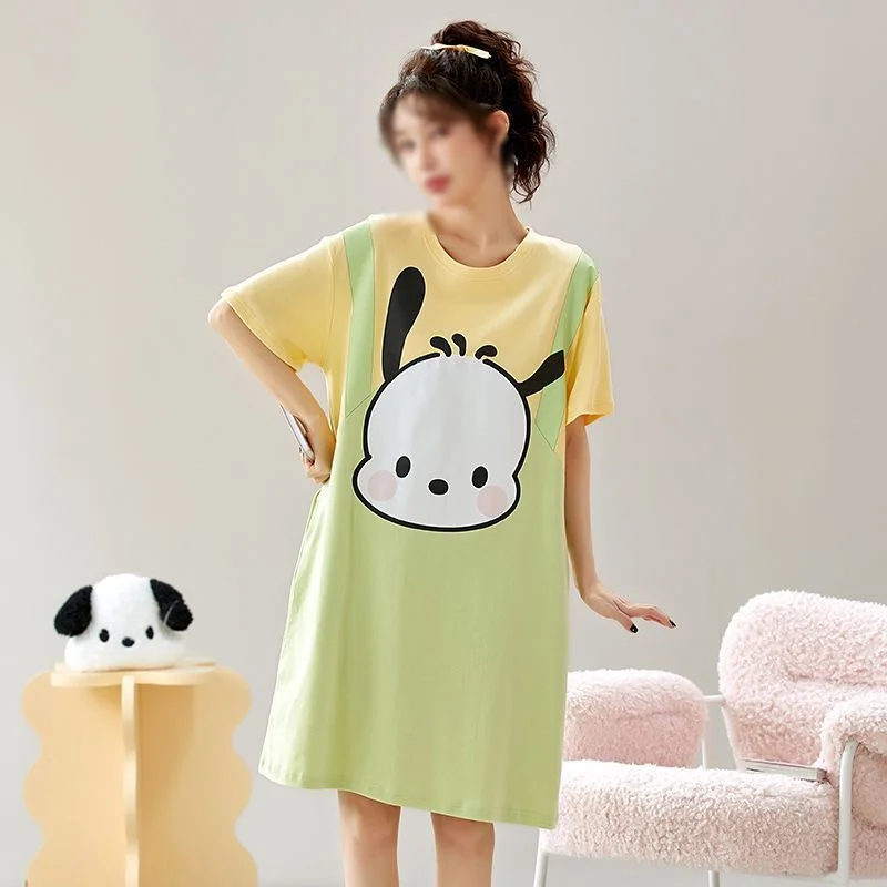 

Хлопковая пижама Sanrio Pochacco, женское платье для сна, ночная рубашка с короткими рукавами, длинные платья, одежда для сна, летняя одежда, домашняя одежда