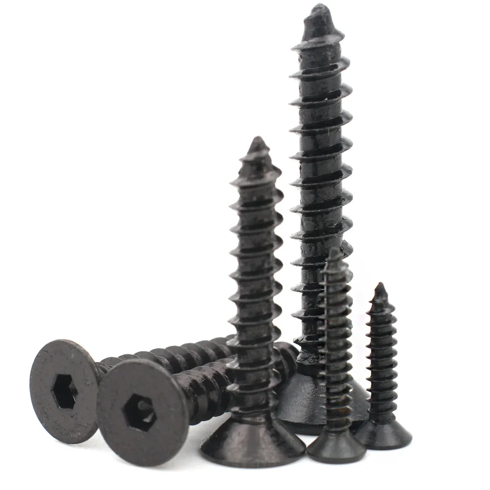 100Pcs/Lot Black Carbon Steel Self Tapping Screws Hex Socket Flat Countersunk Head Fasteners M2 M2.3 M2.6 M3 M4 M5 M6 Hardware