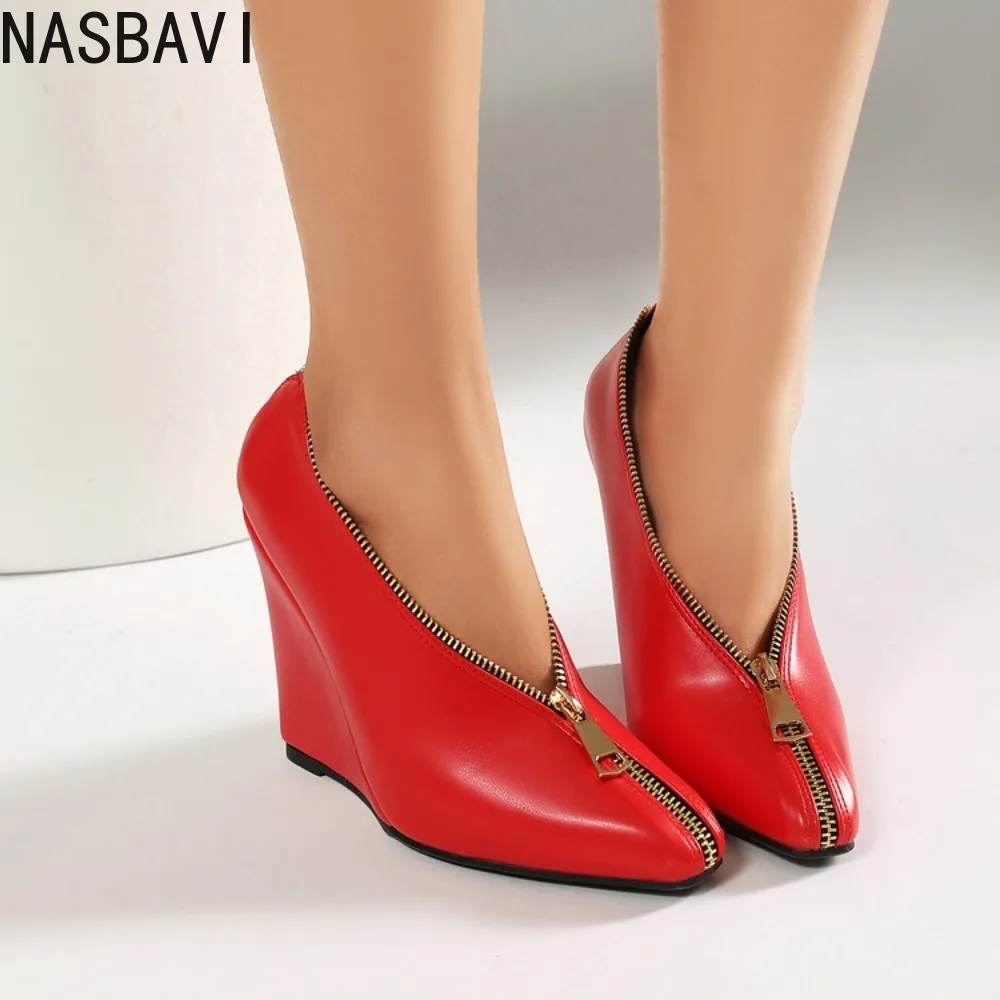 Golden Zipper Leather Wedges Pumps Pointy Toe Slip on Pull on High Heels Women Designer Shoes Spring Autumn Office Lady 2026 New