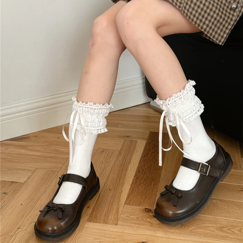 Sweet Girls Lace Ruffle Socks Bandage Ribbon Bow Lolita Kawaii Cute Socks Women JK Japanese Style Solid Color Black White Socks