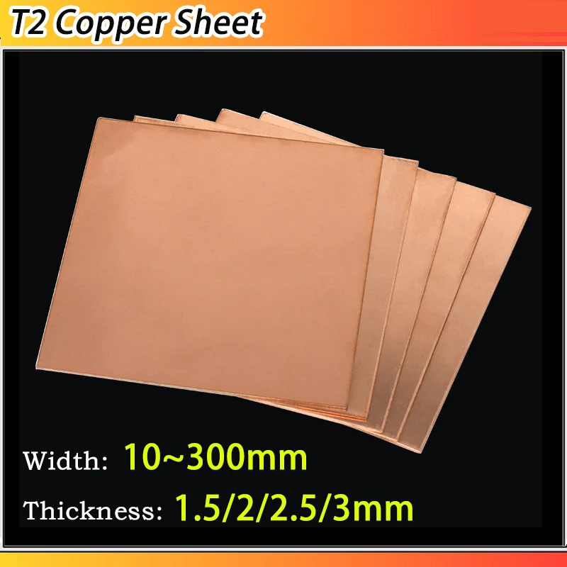 1~4pc T2 Copper Plate Pure Copper Sheet Metal Sheet Foil Plate Copper Sheet Thickness: 1.5mm 2mm 2.5mm 3mm Width: 10~300mm
