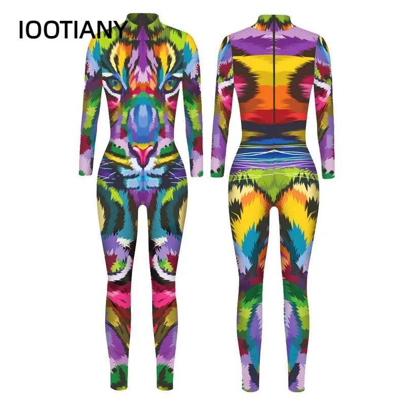 

IOOTIANY Colorful 3D Tiger Print Jumpsuit Long Sleeve Sexy Women Skinny Jumpsuit Party Series Cosplay Elastic Bodysuits