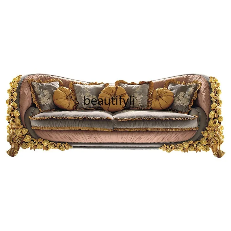 European-Style Fabric Sofa Combination French Court Solid Wood Rose Carved Luxury Villa Living Room Custom Furniture