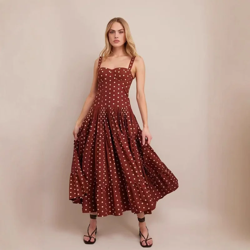

Polka Print Maxi Dress 2025 Spring Vintage Elegant Tube Top Waist-Cinching Flared Chestnut Strap Dress