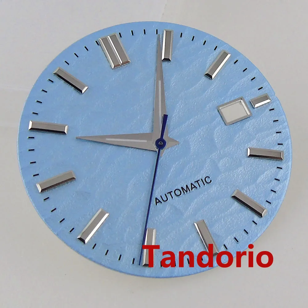 33.5mm Watch Parts Fit NH35 NH36A 7s26 Light Blue Texture Watch Dial Face Luminous Date For Mens Watch Accessories Arrow Hand