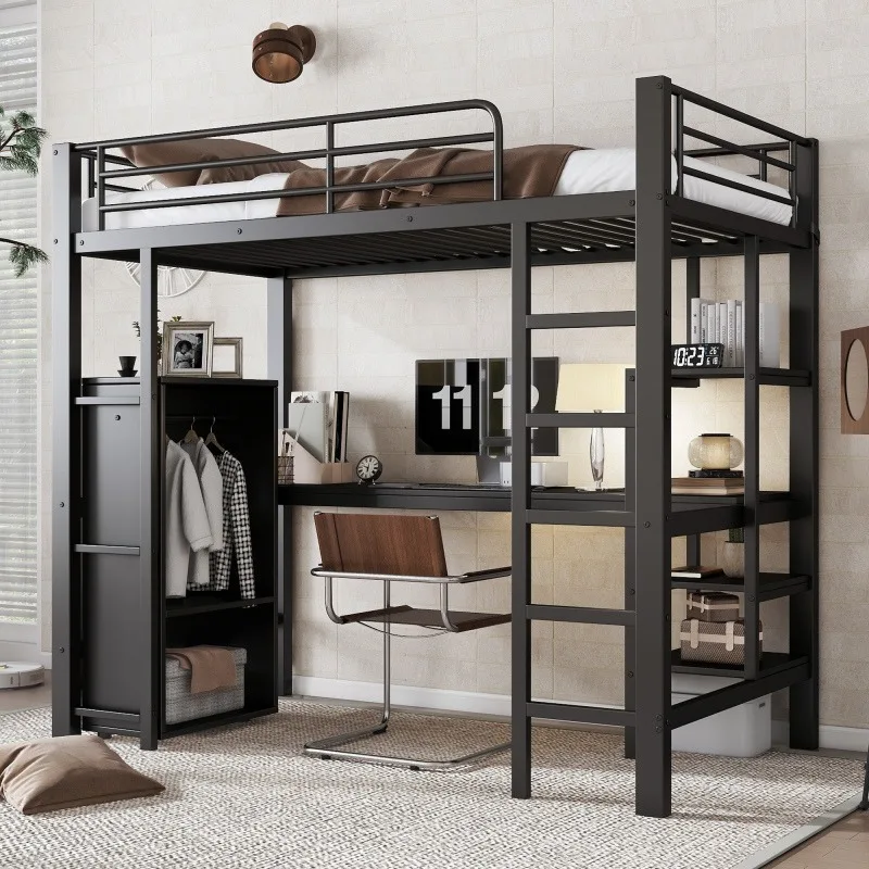 Lit superposé, lit en fer forgé, sans matelas, adapté aux enfants et aux adolescents, avec bureau, grand espace de rangement, noir, 90 x 200 cm