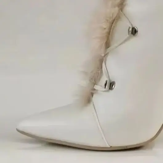 2026 Winter New Knee-High Boots White Leather Pointed Toe Thin Heel Fashion Fleece Warm Boots Zipper Cross Lace-Up Long Boots