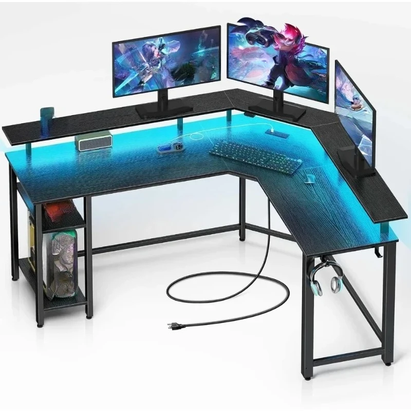 

L Shaped Gaming Desk with LED Lights & Power Outlets, 46.2" Computer Desk with Full Monitor Stand & Storage Shelf