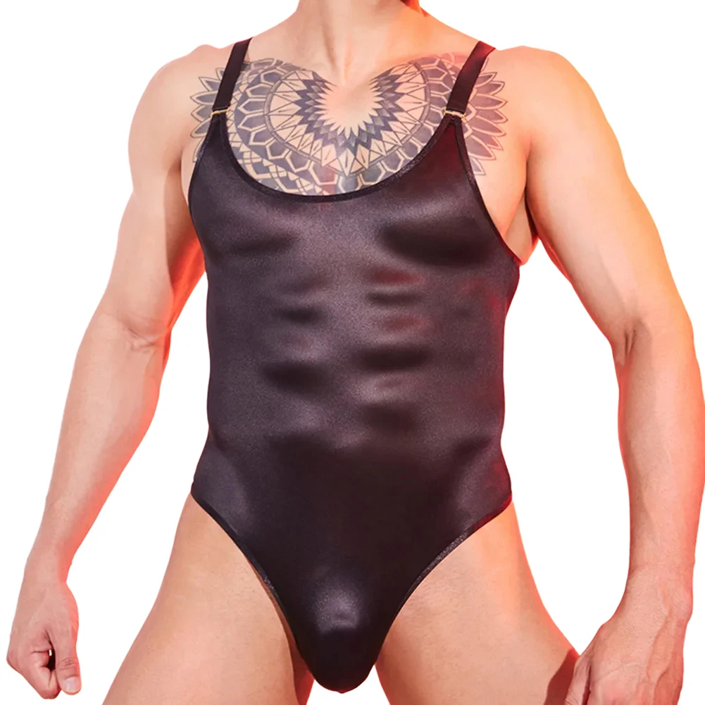Men Sexy Bodysuit Oil Glossy Shiny Sleeveless Underwear Bodysuit Pajamas Nightclub Elastic Jumpsuit Erotic Bodysuit