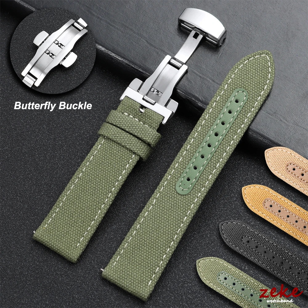 Grünes Nylon-Leder-Uhrenarmband, 20 mm, 22 mm, für Omega, für Seiko, Business-Nylon-Uhrenarmband mit Schmetterlingsschnalle, wasserdichtes Schnellverschluss-Uhrenarmband