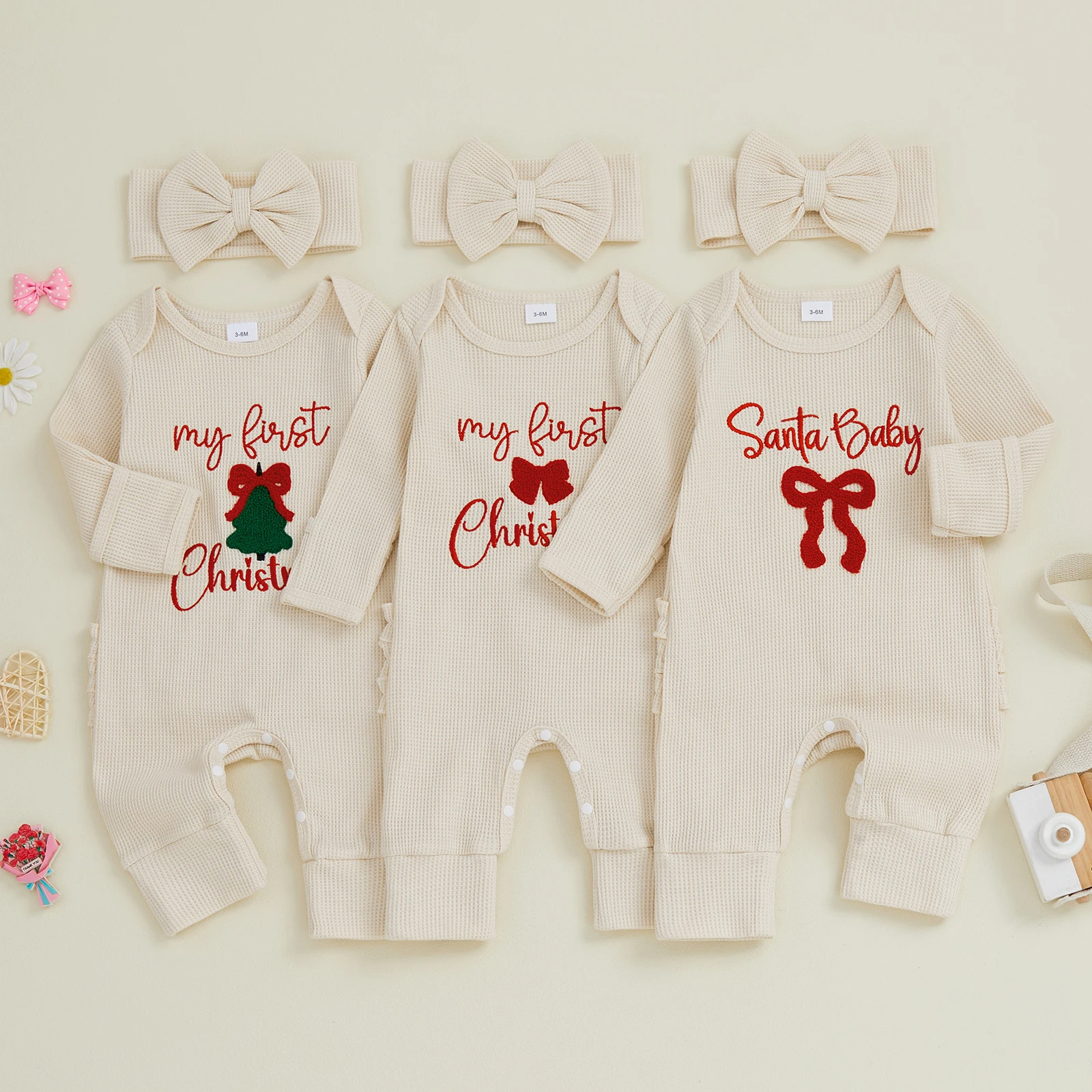 Newborn Girls My First Christmas Romper Letter Embroidery Long Sleeve Round Neck Waffled Jumpsuit with Bow Headband