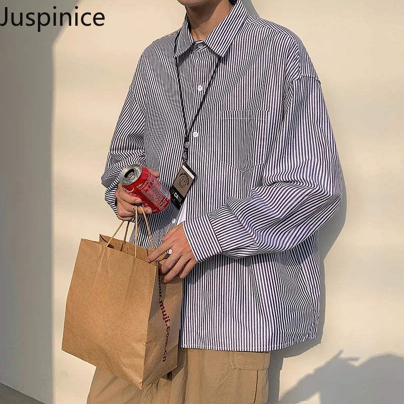 

Рубашка мужская с длинным рукавом, Повседневная Свободная простая футболка в синюю полоску, в стиле Хай-стрит, одежда на весну-осень