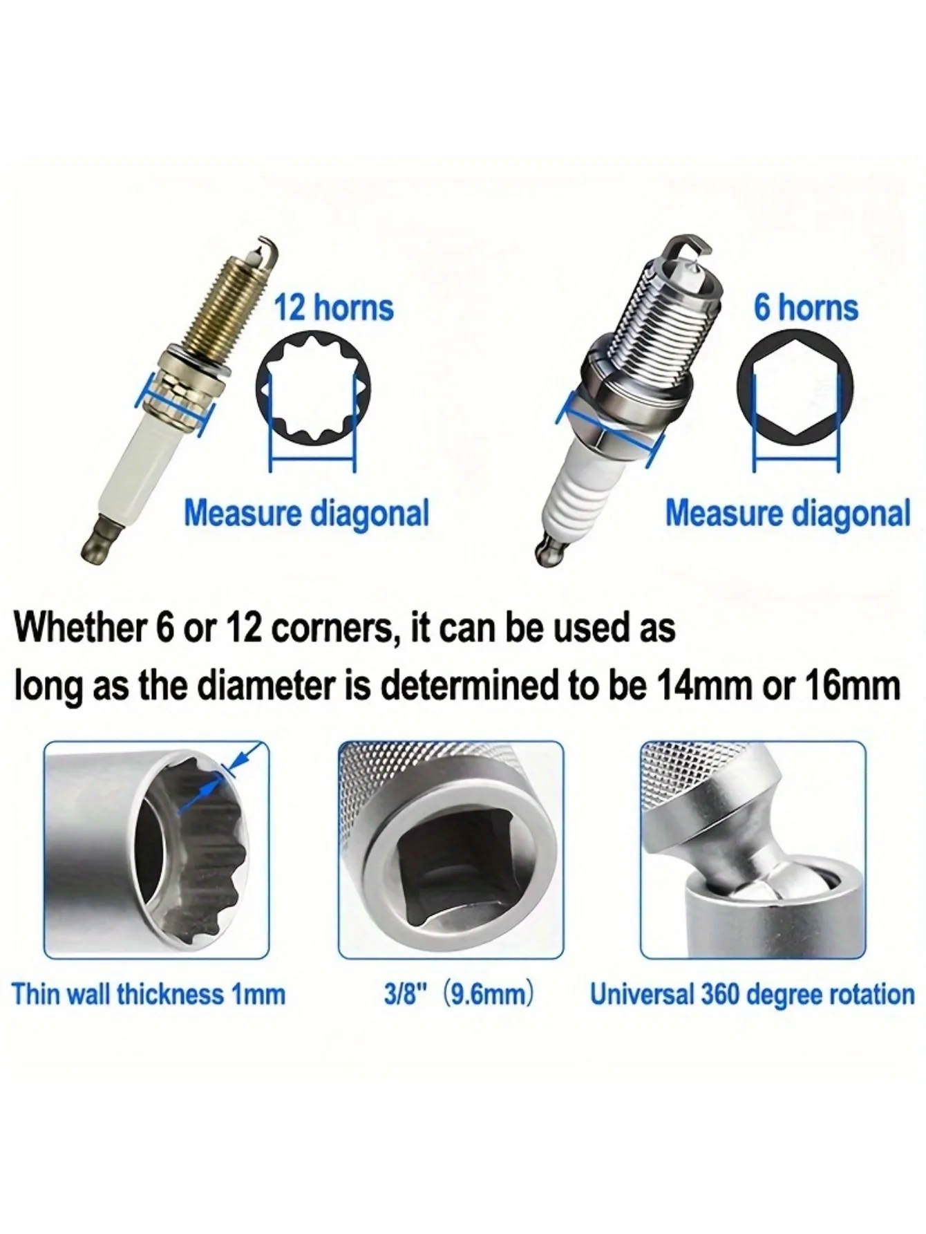 Adaptador de llave de tubo para bujía, junta universal de 14mm y 16mm con herramienta de mantenimiento de coche de accionamiento de pared delgada flexible magnética de 3/8"