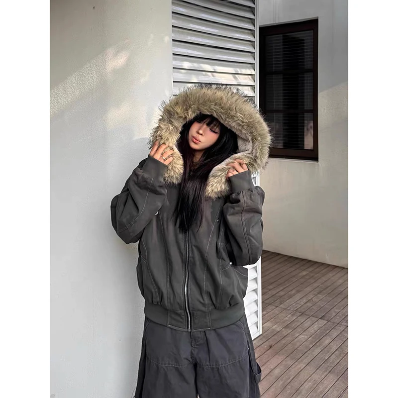 

YIBASHU Winter Women's Lambs Wool Hoodie Jacket American Retro Faux Fur Outwear Coat Y2k Korean 2000s High Street Thick Warm