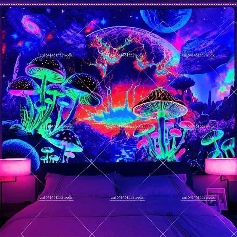 Black Light Neon Galaxy Tapestry UV Reactive Mushroom Tapestries Glow In The Dark Nature Landscape Tapestry Wall Hanging Posters