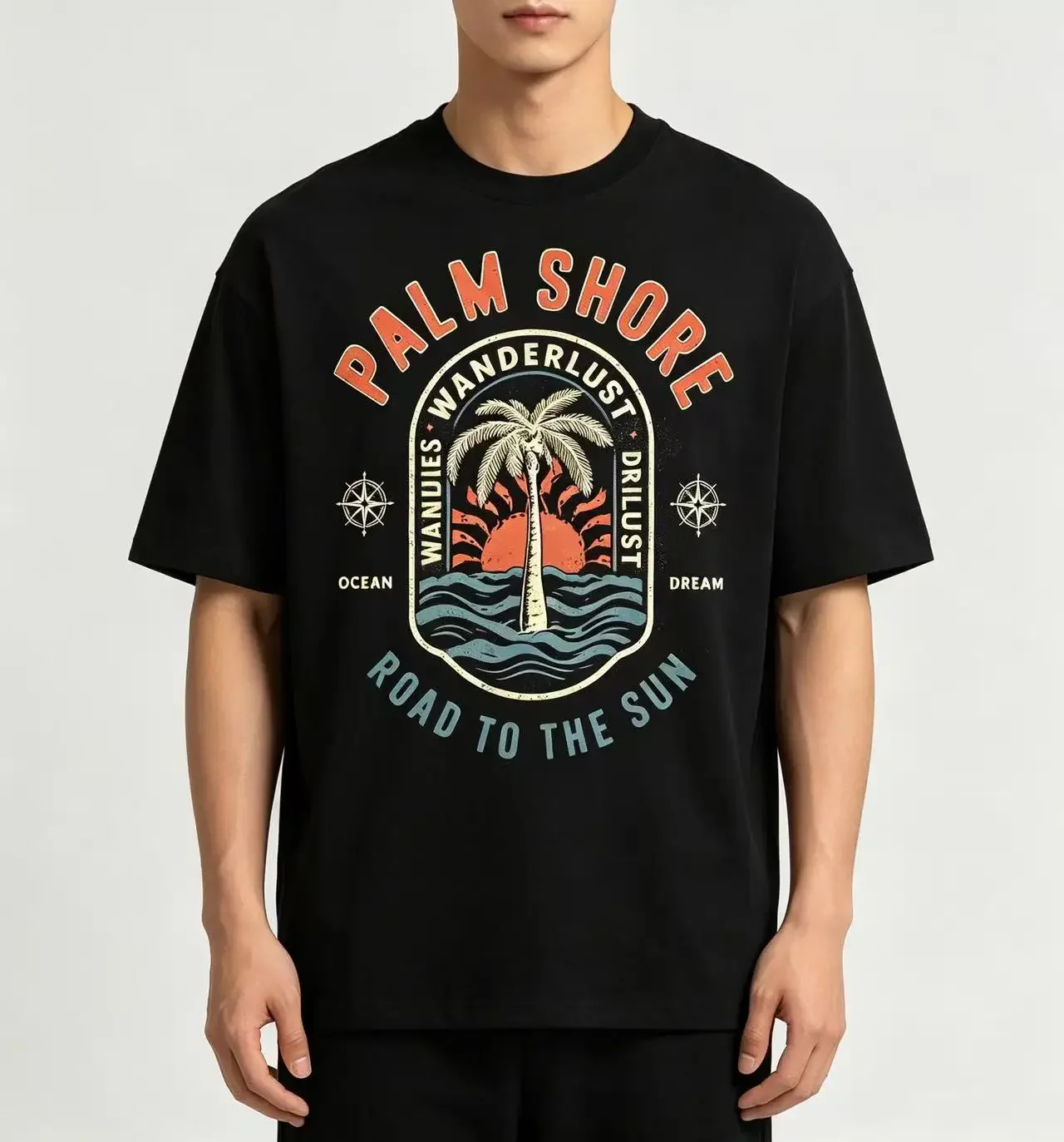 Unisex Palm Shore Wanderlust Vintage Badge Graphic T‑Shirt Men Women Palm Tree Sun Ocean Wave Print Casual Short Sleeve Tee
