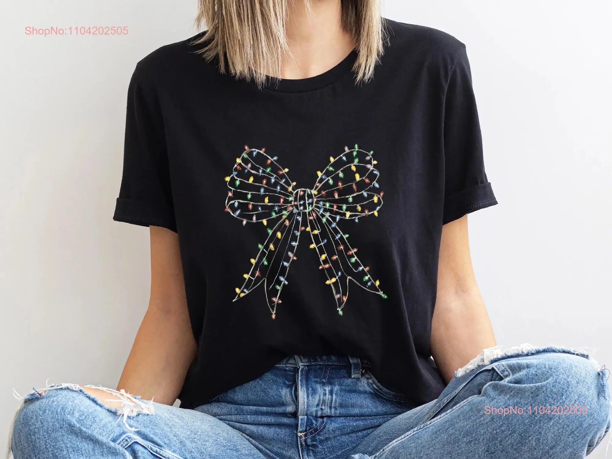 Christmas Light Coquette Bow T Shirt Season New year SweaT Retro long or short sleeves