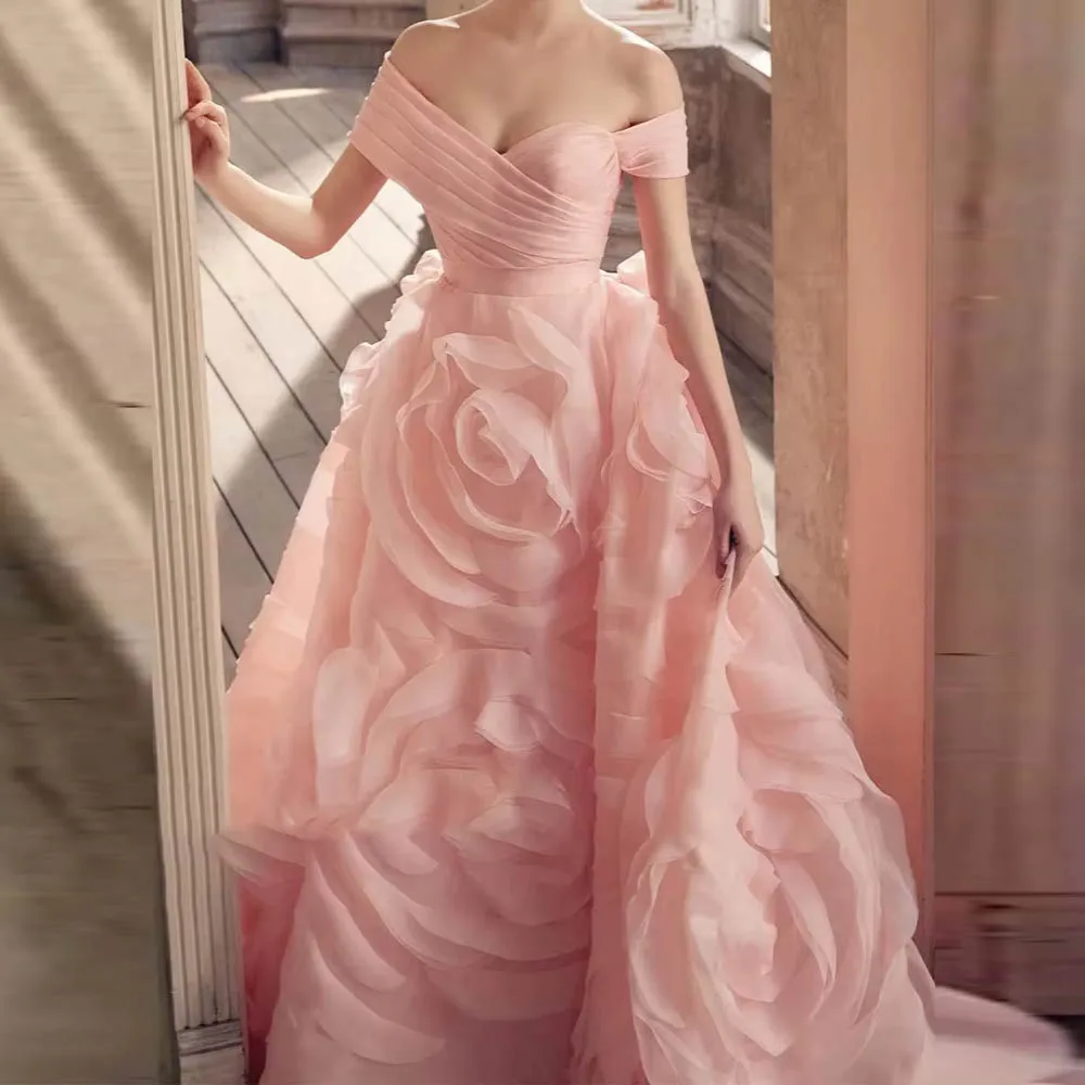 

Customized Elegant Flowers Off the Shoulder Evening Dresses Delicate Boat Neck A-Line Short Sleeves Formal Prom Gowns