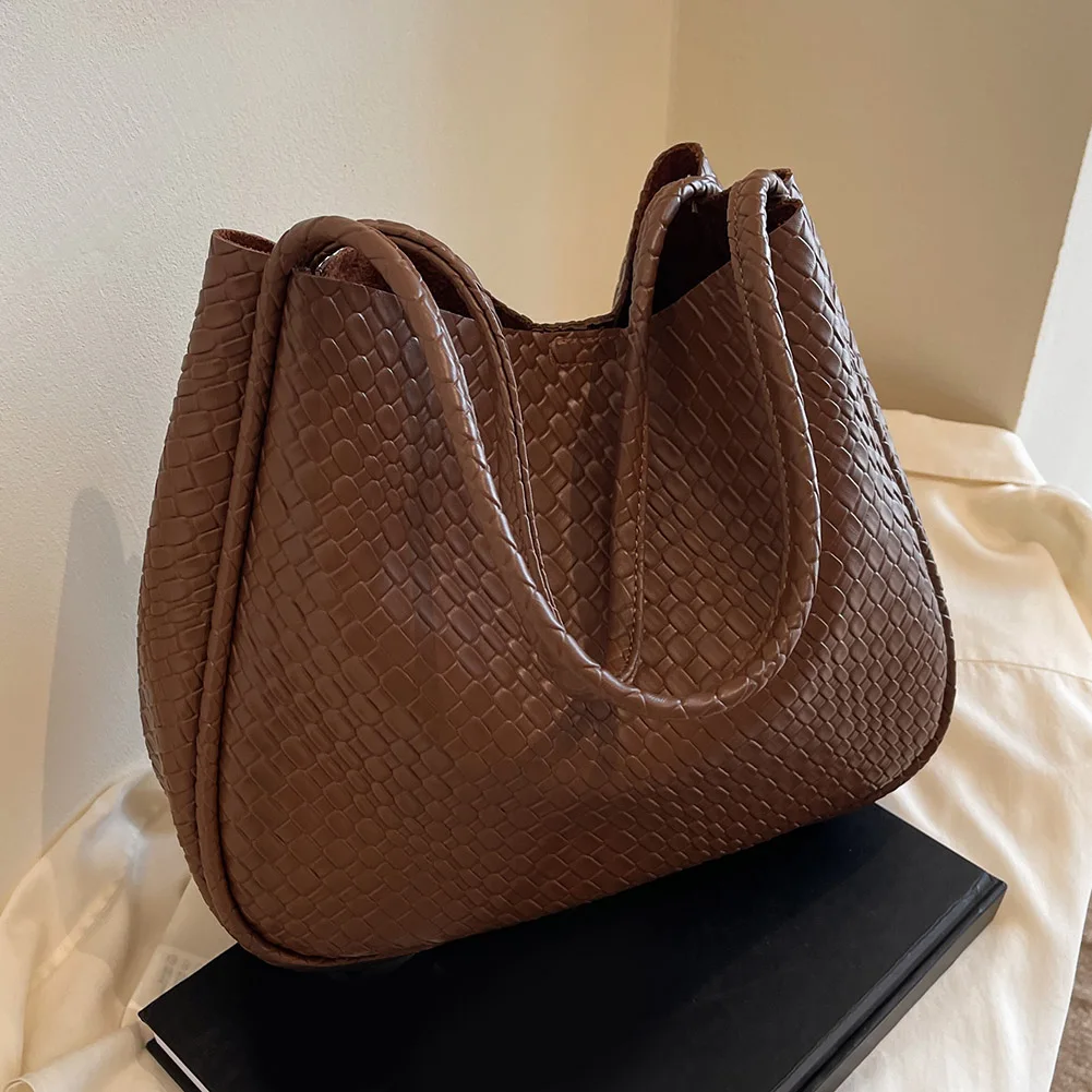 Women Woven Texture Tote Bag PU Leather Retro Shoulder Bag Versatile Soft Satchel Bag Top Handle Bag Commuting Bag