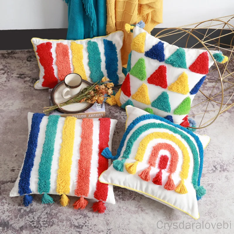 

Tufted Rainbow Pillow Cover Moroccan Style Handmade Three-Dimensional Embroidery Home Sofa Cushion Decorative Anime Bod Decor