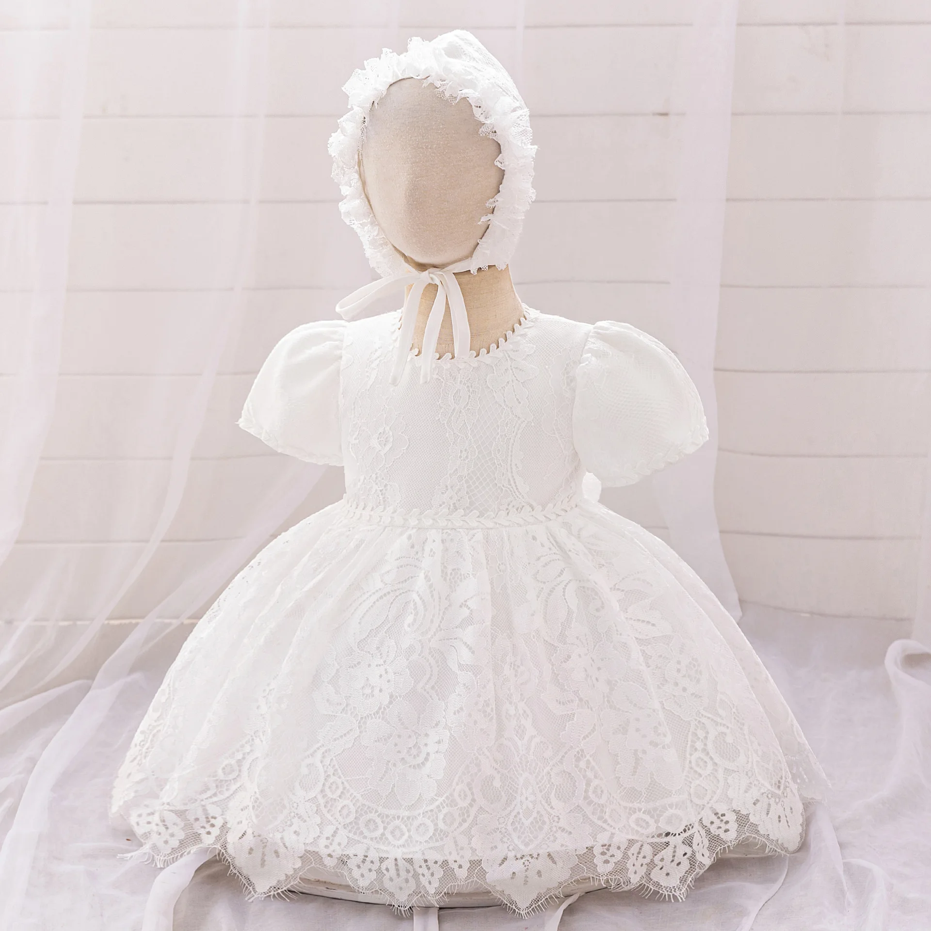 Lace Baby Dress Infant Christening Gown Dresses Princess Infant Wear Girl White Clothing with Hat 0-24 Months