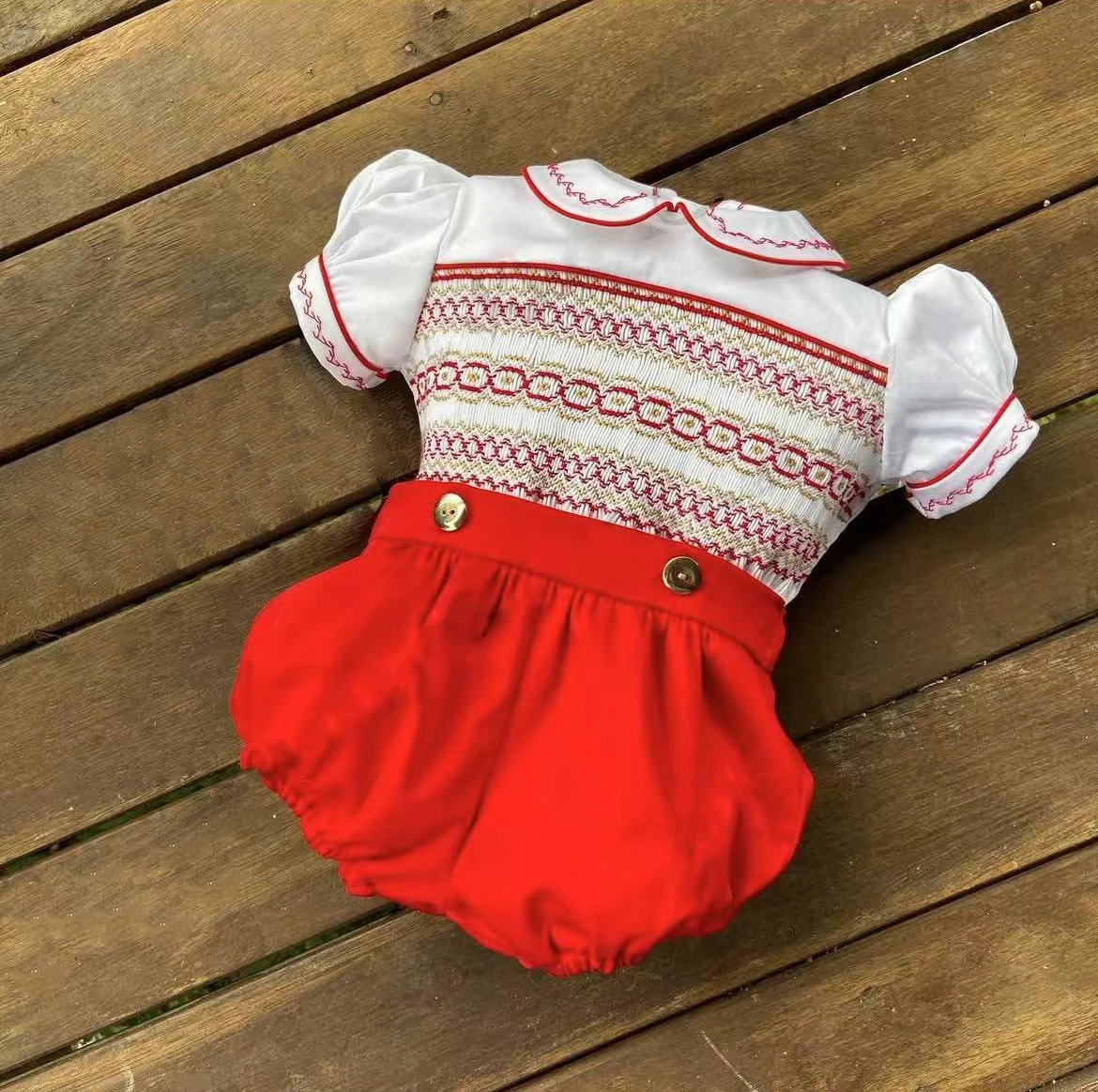 

0-6Y Baby Boy Summer Short Sleeves Handmade Embrodery Smocked Red Outfit Suit for Christmas Party Birthday Holiday A226