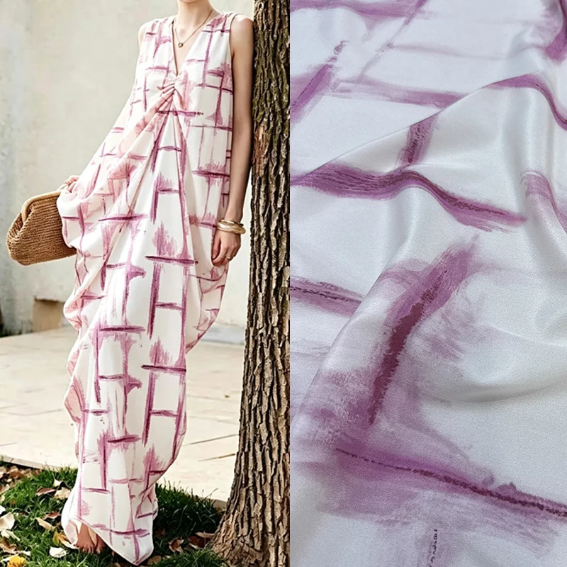Light Purple Printed Stretch White Silk Crepe de Chine Fabric for DIY and Sewing Soft Silk Fabric for Dress Pants Pajamas R7045