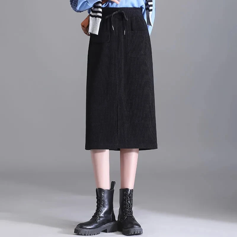 2024 New Winter Retro A-line Corduroy Skirt, Women's Clothing, Spring Autumn Drawstring Elastic High Waist Slit Wrap Skirts,