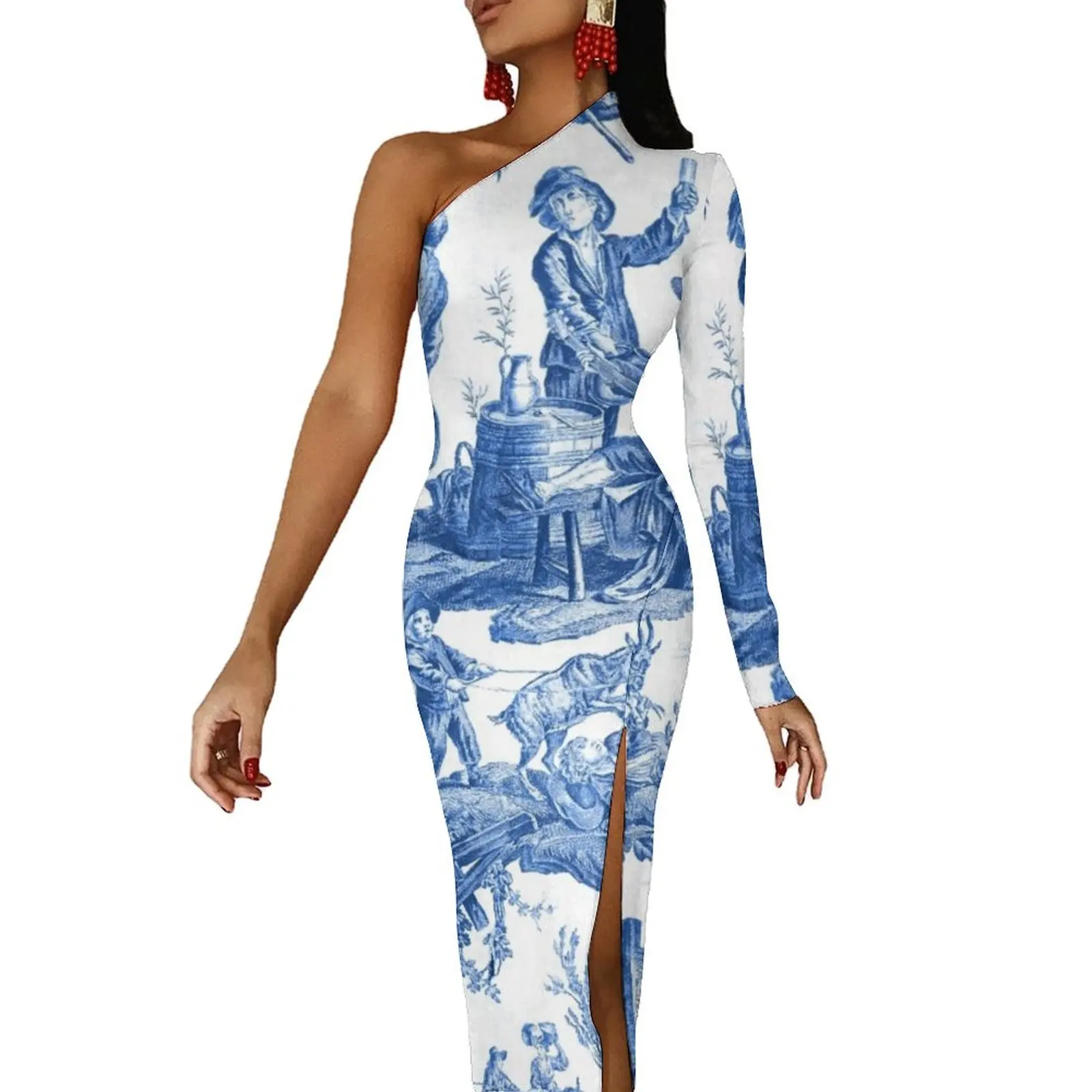 

Blue and White Toile de Jouy Half Dleeve Split Dress dresses for prom african dresses for woman Bride dresses