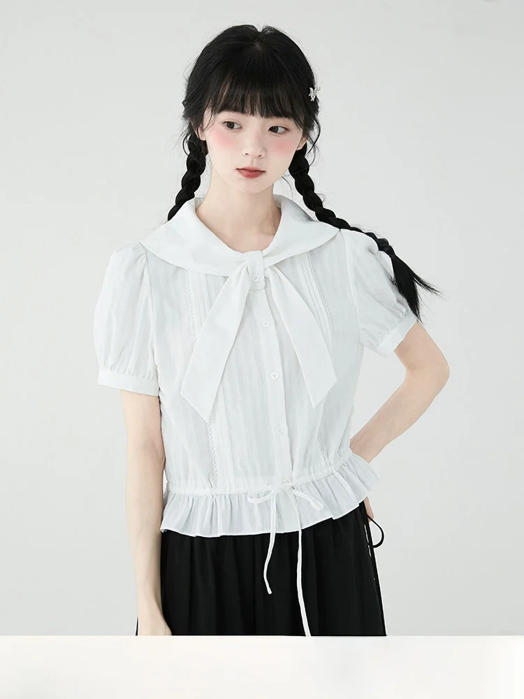 

Белый топ с узлом в морском стиле, тонкий, с рукавами-фонариками и завязками на талии, для девочек, летний, оригинальный дизайн, из чистого хлопка, однотонный