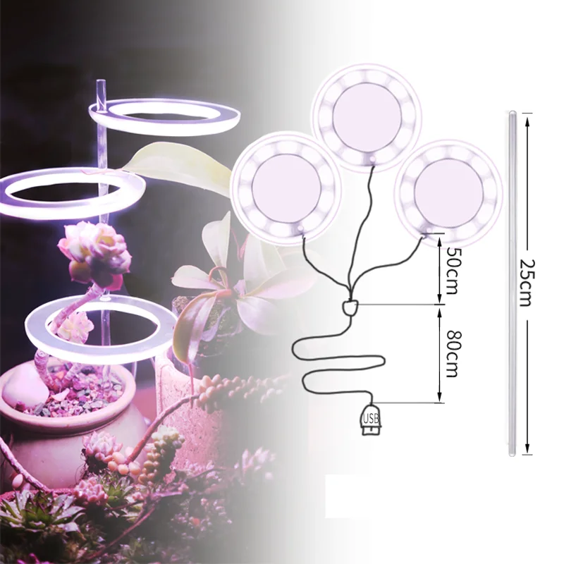 Lampe Horticole de Croissance LED pour Plantes d\'Nik, Éclairage à Trois Anneaux, USB, pour Semis, Fleurs et Succulentes