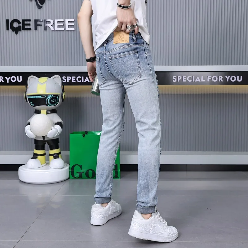 2024New Men's Summer Thin Light Blue Ripped Jeans Men's Slim-Fitting Small Straight Stretch Casual Long Pants