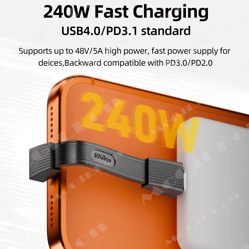 الكوع USB4 80Gbps Thunderbolt4 كابل بيانات PD240W 5A شحن سريع USB C إلى C كابل آيفون 17 16 ماك بوك 8K @ 60 هرتز نوع C كابل