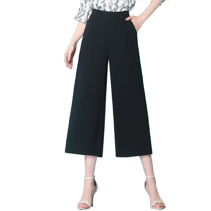 

2024 Women Casual Loose Black Chiffion Ankle-Length Pants High Elastic Waist Straight Pants With Pocket -