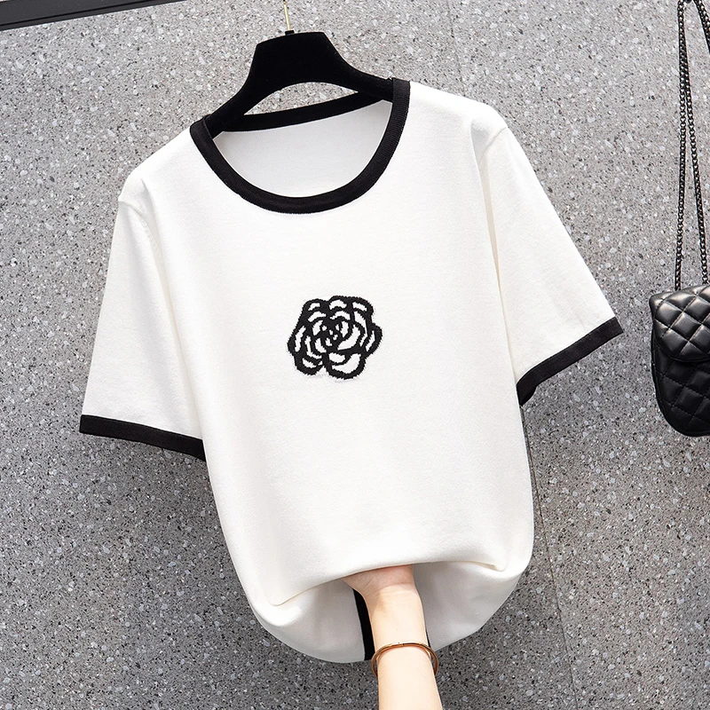 Loose Oneck Sweater Pullover Women Summer Casual short Sleeve size Floral embroidery Sweater For women Female knit top