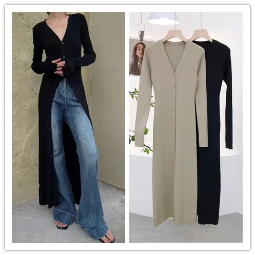 7283 Frühlings-Cardigan mit 14 Nadeln, nicht verformbar, tiefer V-Ausschnitt, Ärmelloch, schmale Passform, Briefbeschwerer, Innenbekleidung, langes Kleid