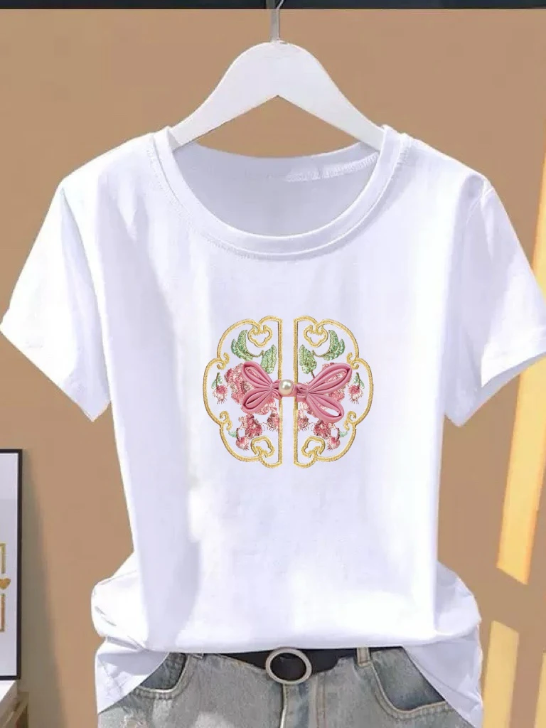 

Элегантная корейская повседневная футболка с принтом, короткий рукав, свободный крой, круглый вырез, модная летняя одежда для мам