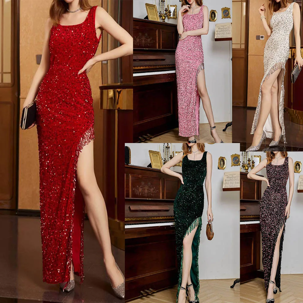 

European and American New Sexy Slim Fit Split Dress for Women's Senior Nightclub Beaded Tassel Dress