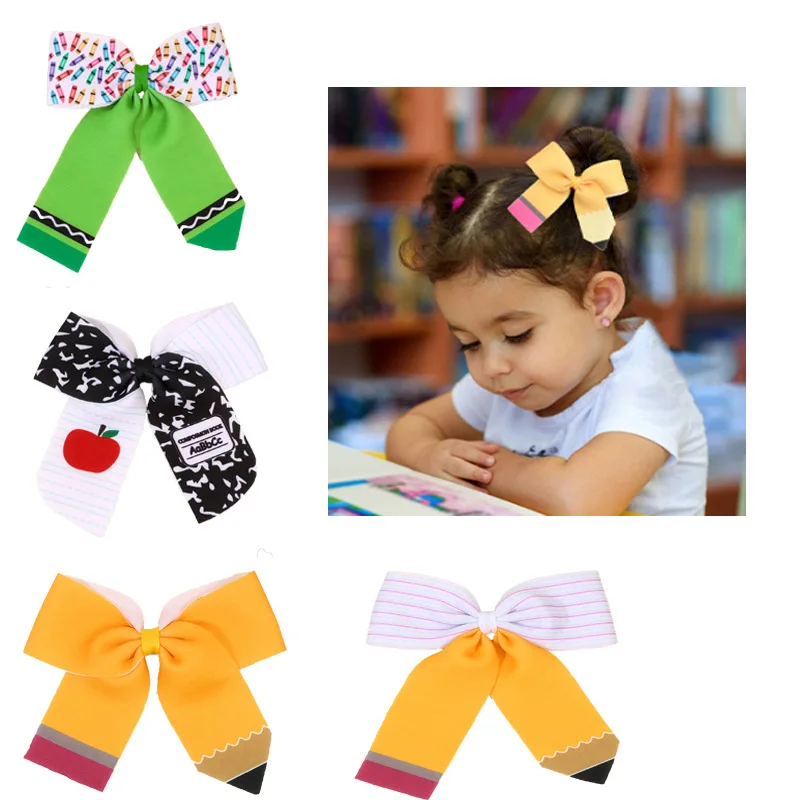 Striped Print Bow Hair Clip with Pencil Crayon Apple Decorations Long Tassel Hairpins for Girls Back to School Season  Accessory