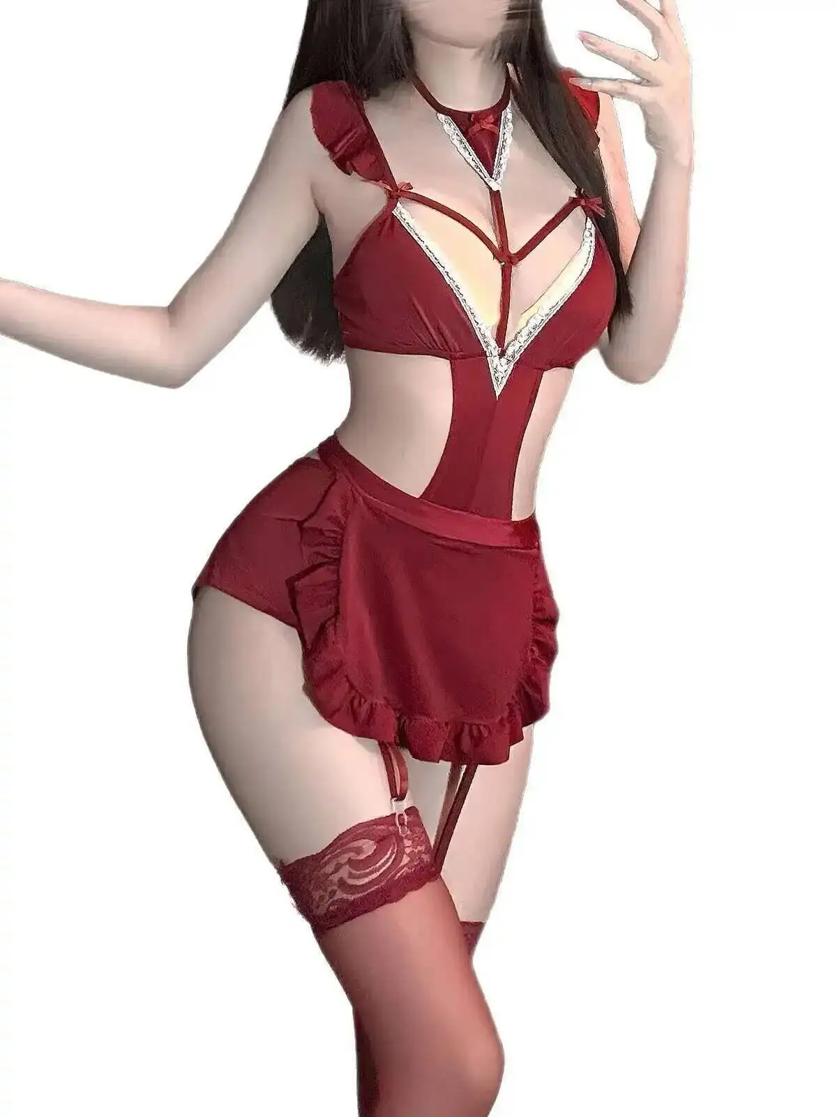 Sexy Cameriera Uniforme Puro Desiderio Rosso Tentazione Pigiama di Pizzo Donne Pagliaccetti Abbigliamento Tute Moda Dolce Donna Top 2025 Nuovo ZL9
