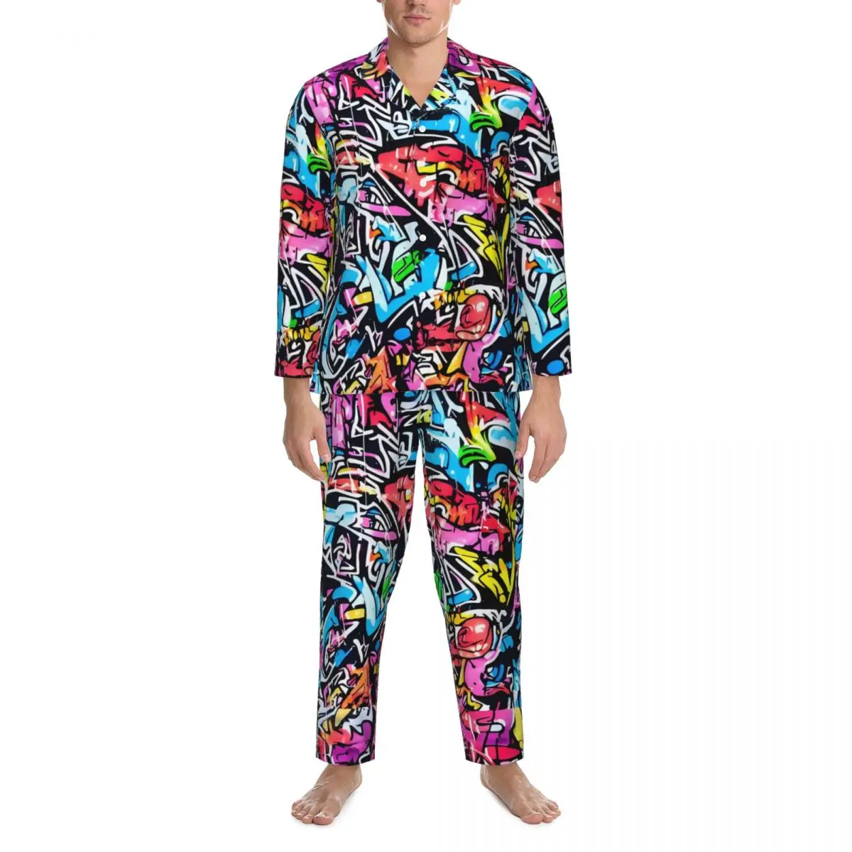 Multicolor Graffiti Street Art Sleepwear Autumn Vintage Oversize Pajamas Set Male Long-Sleeve Fashion Leisure Graphic Nightwear