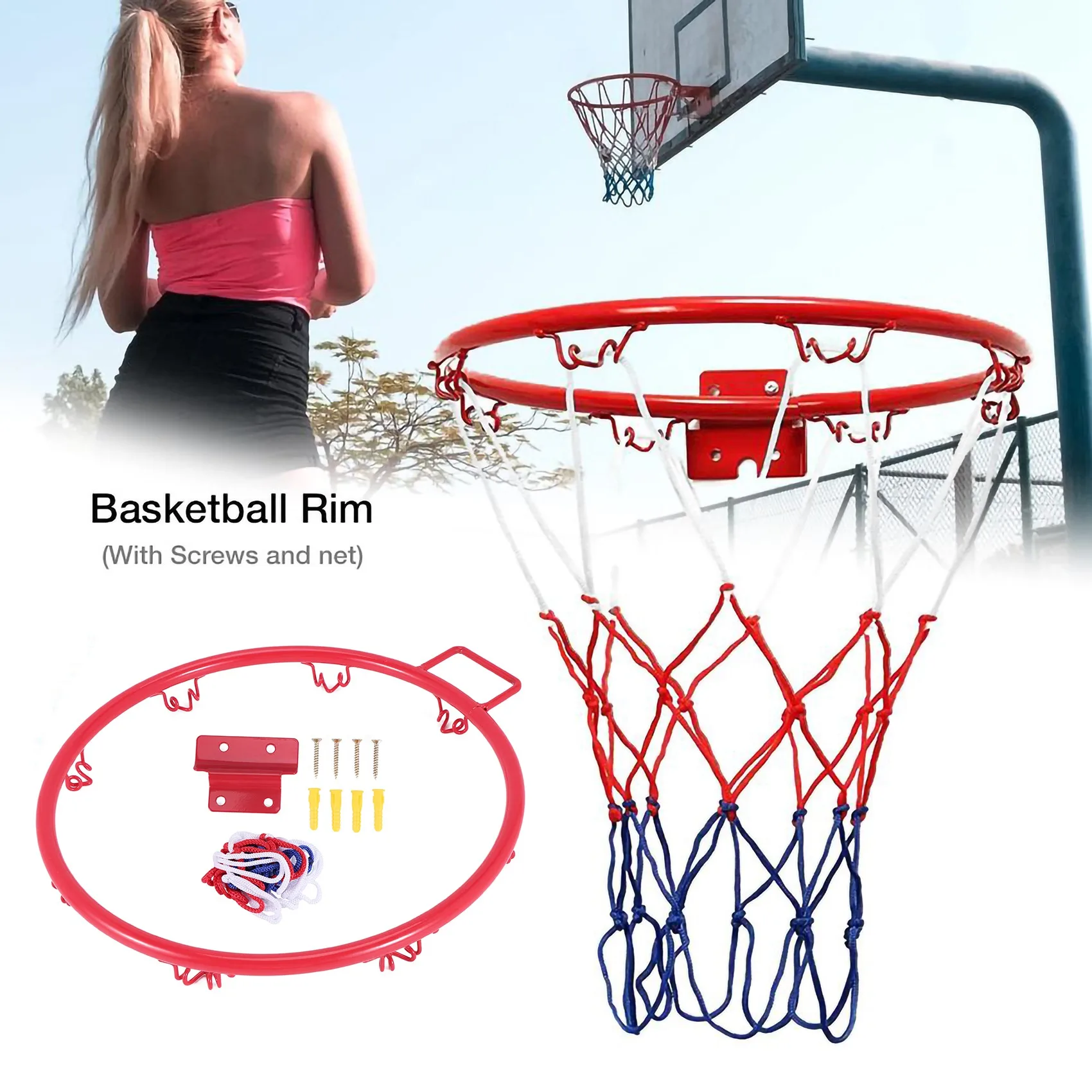 32 cm an der Wand montiertes Basketballkorbnetz, Metallrand, Hängekorb, Korbball, Wandrand mit Schrauben, für drinnen und draußen, Sport