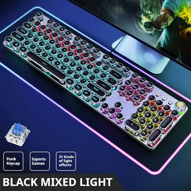 Ewetn punk máquina de escrever teclado mecânico para jogos 104 teclas teclado led colorido retroiluminado usb com fio estilo antigo teclados para windows