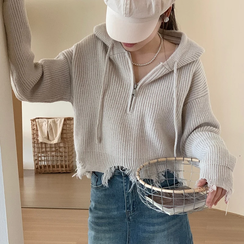 Y2K Half Zipper Hooded Pullovers Women Vintage Hand Frayed Sweater Pullovers Spring Autumn Harajuku Loose Cropped Hoodies Woman