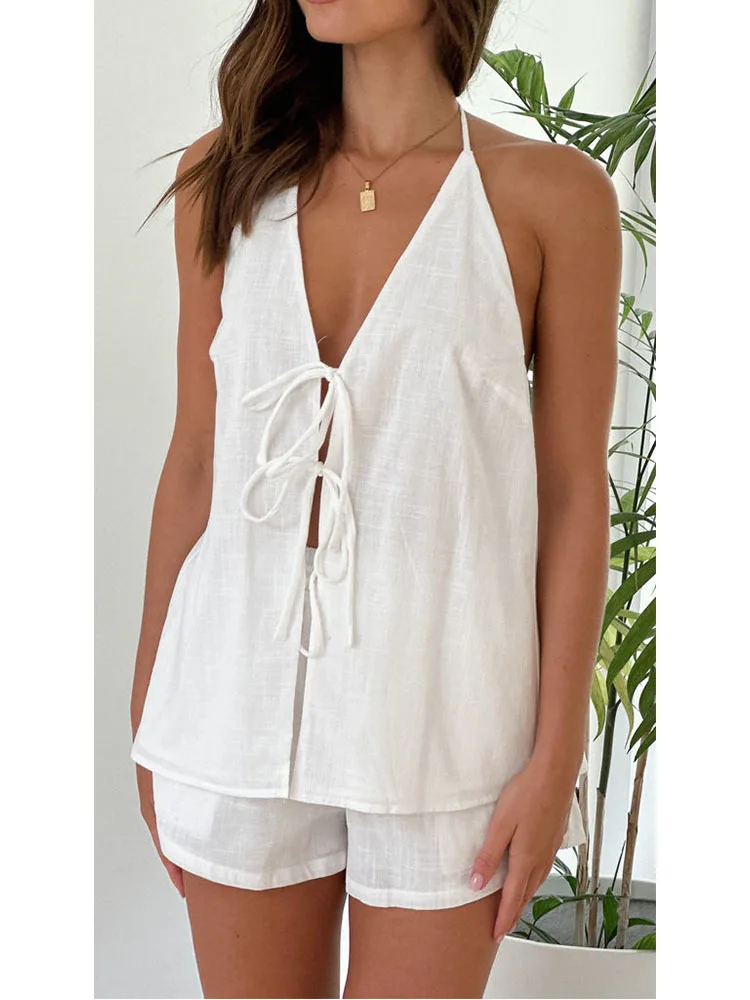 

Women's Summer Solid Sleeveless Vest And Shorts Two Piece Set Female sexy Linen-cotton Suit