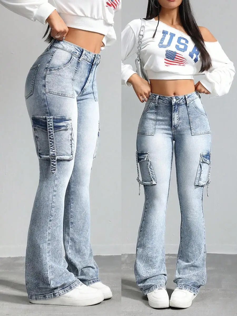 

Женские джинсы-карго с высокой талией, расклешенные, с боковыми карманами, светлый деним, эластичные, для повседневной носки в уличном стиле