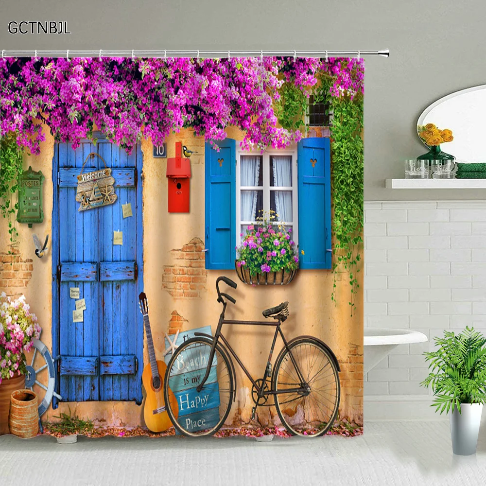 Street Flowers Plant Shower Curtain Retro Building Old Door Rural Scenery Background Wall Decor Hanging Curtains With Hooks